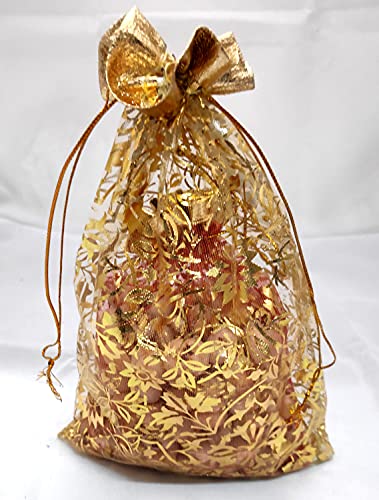 Image of 6 Inch x 8 Inch Net Fabric Drawstring Pouch for Dry Fruits Packing, Organza Shagun Potli, Bags for Return Gifts Pack, Pouches For Jewellery (Pack of 100, Gold)