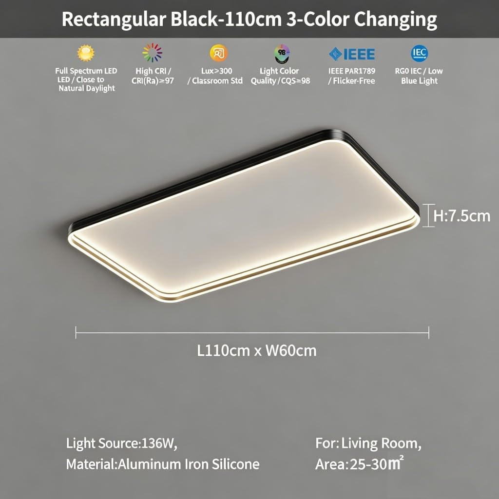 DEHSOME Lámpara de techo LED Flat, Rectangular de 110 * 60cm, Negro