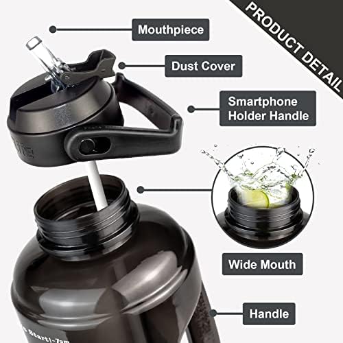 BuildLife 2.2 Litre Water Bottle - Motivational Half Gallon Water Jug w/Straw & Time Marker & Portable Handle BPA Free Leakproof Reusable for Fitness, Gym and Outdoor Sports(Black)