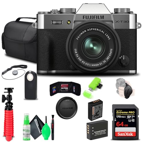 FUJIFILM X-T30 II Mirrorless Camera with XC 15-45mm OIS PZ Lens (Silver) (16759768) Bundle with 64GB Memory Card + Soft Case + Compatible Battery + Flexible Vlogging Tripod + Remote + More