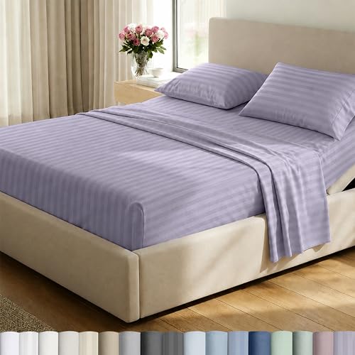 Image of Luxury Split King Adjustable Bedsheets, Soft 100% Cotton, 500 Thread Count Sateen, Snug Fit, Set With Twin-XL Fitted Sheets, Sheets For Bed In Damask Stripe (Split King, Stripe - Lavender)
