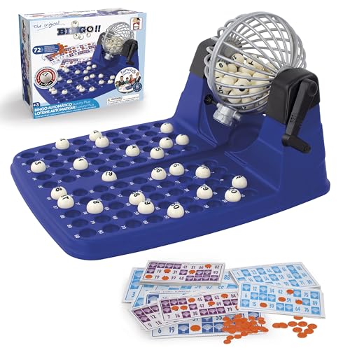 Chicos - Bingo Lotaria automática com 72 cartões | Jogo de Mesa de Bingo para Adultos e Crianças | 90 Bolas indeléveis e fichas de Jogo de Cores | Tamboril com extração automática (20905)