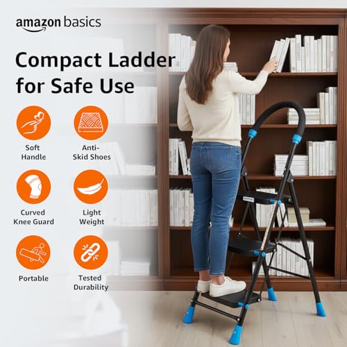 Image of Amazon Basics Curvo-Foldable Step Ladder, Ribbed Steps, Knee Guard, Non-Marring PVC Shoes, 3 Steps (Black & Blue)