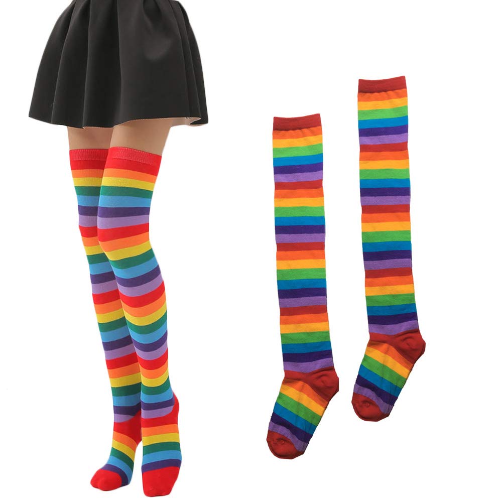 SUNTRADE Women's Extra Long Striped Socks Over Knee, High Stockings Opaque Cute Colorful rainbow socks Cosplay Party (A)