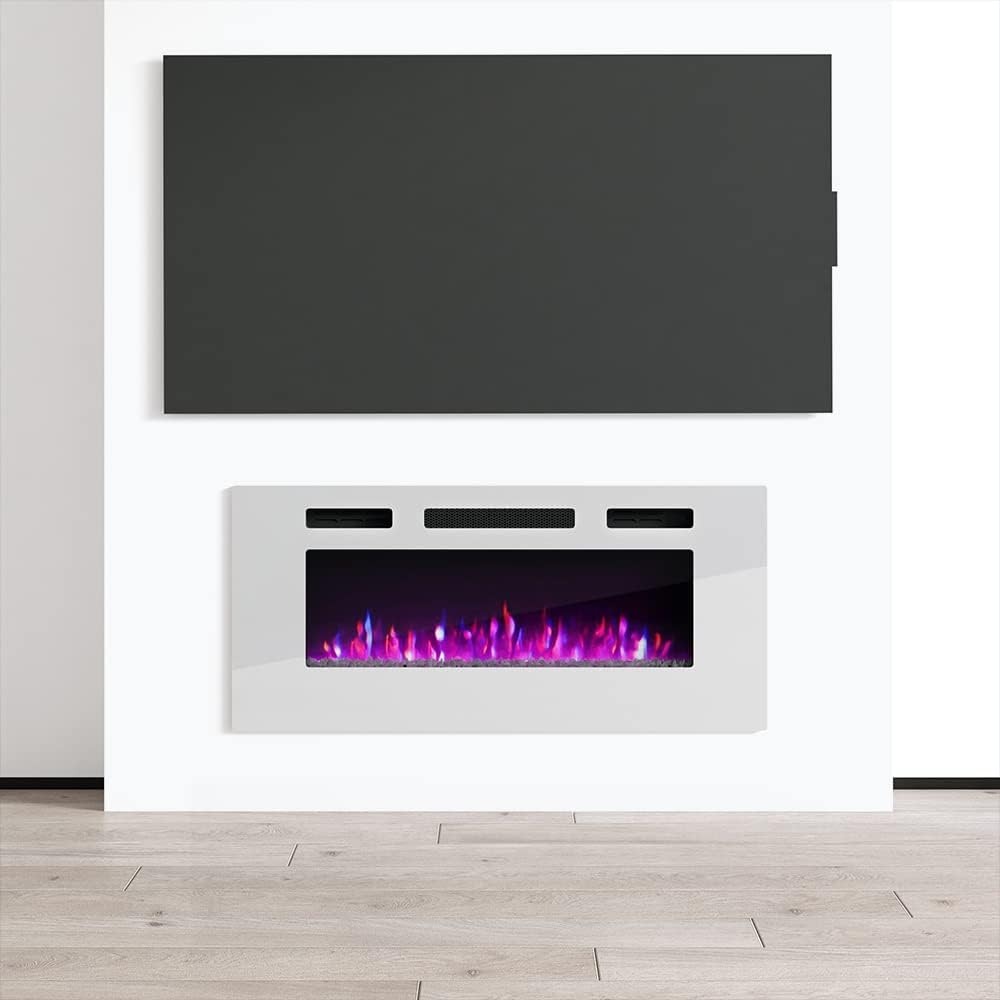 Electric fireplace displaying purple flames.