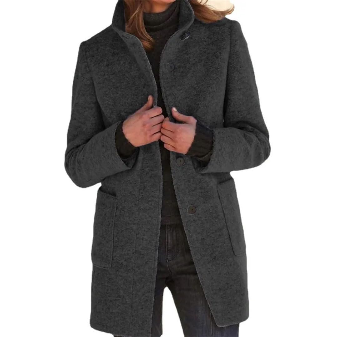 Damen Mantel Einfarbig Knopf Stehkragen Wollmantel Modische Frauen Windjacke Lässiger Dicker Mantel