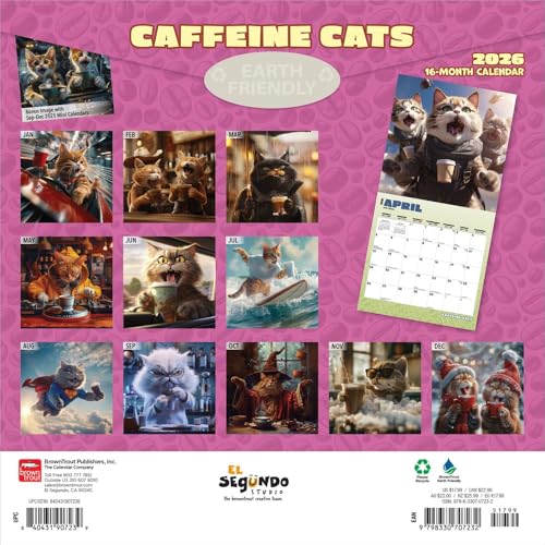 Caffeine Cats | 2026 12 x 24 Inch (Hanging) Monthly Square Wall Calendar | Plastic-Free | BrownTrout | Pets Funny Animals Feline - image 2