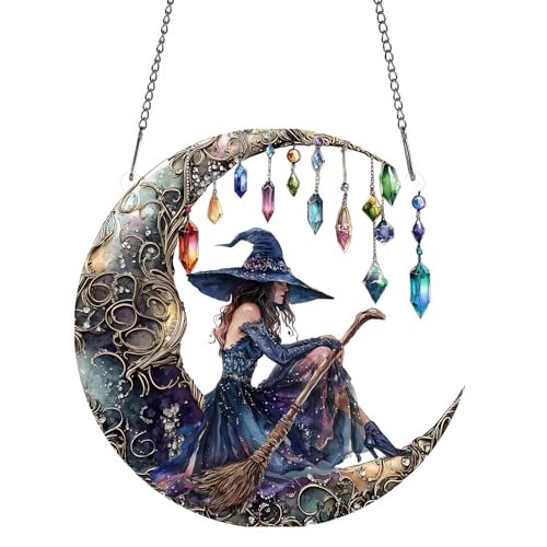PLIGREAT Lua bruxas acrílico aptador de sol janela arte de parede ornamento suspenso pintado arte colorida artesanato apanhador de sol para jardim casa interior exterior decoração pendente presente