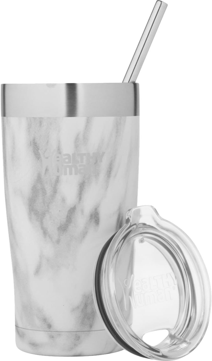 Healthy Human Stainless Steel Tumbler with Straw & Lid | Splash Proof Insulated Travel Cup | Eco-Friendly Coffee Tumblers | Water Cups with Straws Cleaner and Splash Proof Lids (20oz, Stone White)
