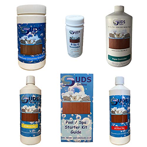 Suds Online Swimming Pool Starter Kit 1KG- Includes Chlorine, pH+, pH-, Algaecide & Strips (Granules)