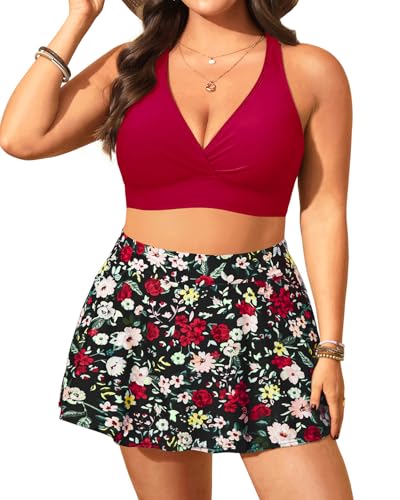 Women's Plus Size High Waisted Bikini - Two Piece Swimsuit with Skirt 2025 Tummy Control Bathing Suit with Pocket Red and Floral 16W