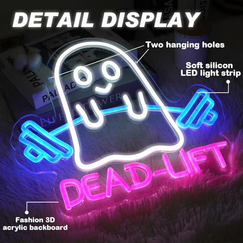 Image of Ghost Dead Lift Neon Sign,Funny GYM Room Wall Sign,Home Gym Wall Decor,Ghost Light,Dumbbell Neon Sign,Funny Weightlifting Gym Neon Led Light, 14 inchx13 inch
