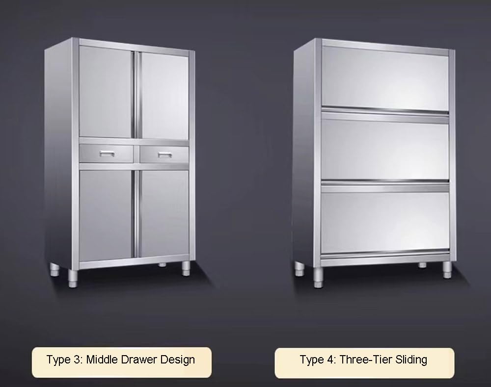 Armadio da Cucina in Acciaio Inox – 3~4 Ripiani Regolabili, Porte Scorrevoli o Doppie Ante, Cassetto Centrale – per Ristoranti, Panetterie, Hotel, Cucine Professionali