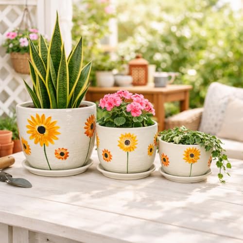 Image of Xtore Beautiful Sunflower Ceramic Planter Pots Set of 3 for Home & Balcony Decor | Glossy Textured Flower Pots with Drain Plates for Indoor Plants, Tabletop & Windowsill Styling (White & Yellow)