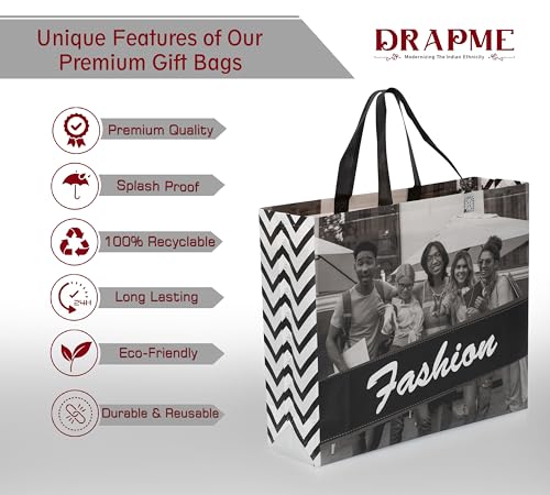 Image of Lavya Reusable Non-Woven Laminated Gift Bags, Wedding Gifts, Shagun, Modern Gifting, Hampers, Chocolates,Perfume,Cosmetics Carry Bag (Fashion Black&White, Pack of 10)
