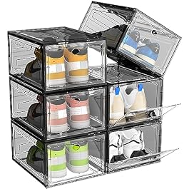 Upgrade Harder Solid Plastic Shoe Organizer, Shoe Storage with Magnetic Front Door, Shoe Rack 6 Pack Shoe Boxes Clear Stackable, Sneaker Storage, Shoe Organizer for Closet, Shoe Display Case, Black