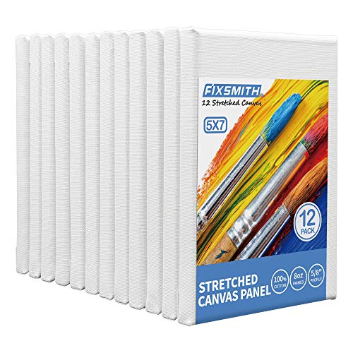 Image of FIXSMITH Stretched White Blank Canvas- 5x7 Inch,Bulk Pack of 12,Primed,100% Cotton,5 /8 Inch Profile of Super Value Pack for Acrylics,Oils & Other Painting Media.