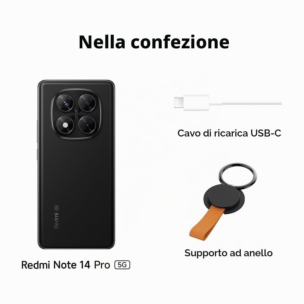 Xiaomi Smartphone Redmi Note 14 Pro 5G, 8+256GB, Nero, Fotocamera AI di grado professionale da 200 MP, IP68, ricarica turbo da 45 W con batteria da 5110 mAh, funzioni AI (caricabatterie non incluso),