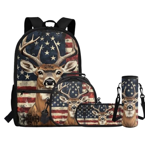 Tongluoye American Flag Deer Backpack with Lunch Box Set for Kids Boys 6-8 8-10 10-12 Girls School Bag Elementary Middle School Bookbag Lunch Bag Bottle Holder and Large Pencil Case Satchel 4 In 1