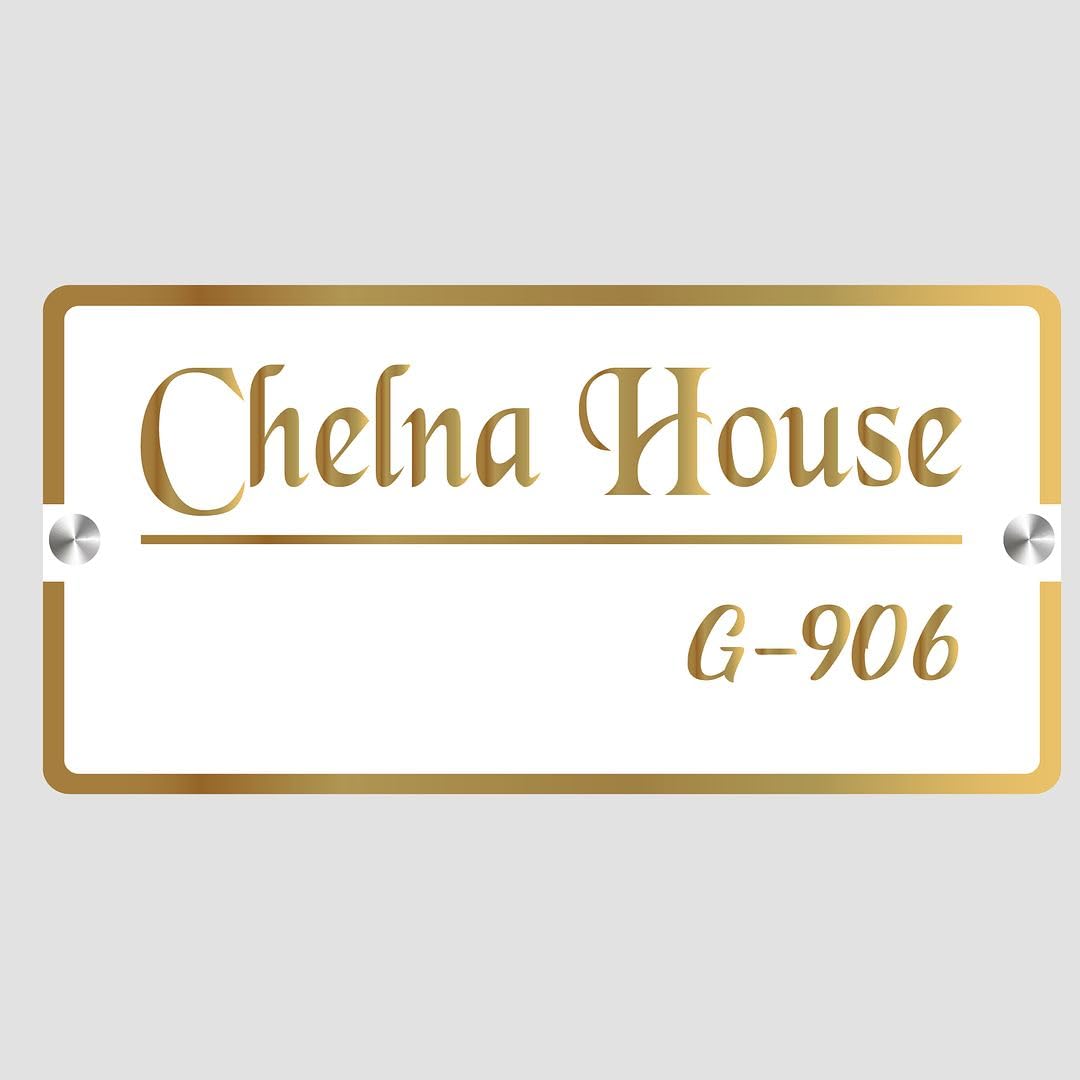 CHELNA Customized Rectangle Golden Glossy Mirror Border White Name Plate with Golden Laser Cut Letter for Entrance Decoration(25x16)