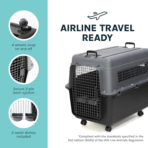 Image of SportPet Airline Compliant X-LARGE 35.5 inch Travel Dog Kennel-Durable Plastic Airline Pet Carrier w /Removable Wheels & Food Bowls, Collapsible Indoor /Outdoor Dog Kennel, Dogs up to 32 inchL & 23 inchH-Dark Gray