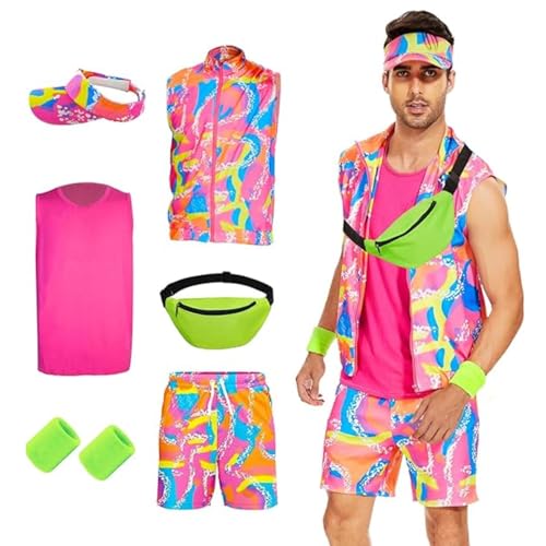 AKFJDLAD 80er 90er Jahre Herren Workout Kostüm Outfit Retro Neon Cosplay Bademode Set mit Zubehör Hut Hüfttasche Handgelenkschutz (2XL)