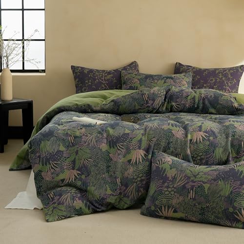 BISELINA 100% Cotton Muslin Duvet Cover Set Queen, 3 Pcs Yarn-Dyed Jacquard Textured Reversible Botanical Floral, Soft and Breathable Bedding Set with Zipper Closure, Purple Green