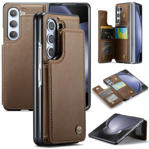 Étui portefeuille en cuir pour Samsung Galaxy Z Fold 5 marron, housse avec rabat magnétique