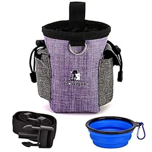 Fuming Voederzak voor honden + opvouwbare drinkbak, voedertas met geïntegreerde dispenser voor het zwembad en verstelbare band, gemakkelijk te dragen dierspeelgoed voor hondentraining (paars)