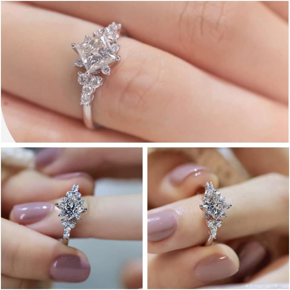 Blocaci Unique Engagement Rings for Women Princess Cut 1-1/3 Carat(ctw) Moissanite Engagement Ring Platinum Plated Silver 10K 14K 18K Gold Wedding Anniversary Promise Rings with Text Engraving