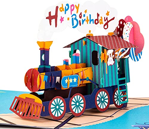 Pop-Up Karte Geburtstag - Lustige 3D geburtstagskarte für Kinder, Freund oder Mann, als Gutschein oder für Geldgeschenke, Geschenkkarte für Dampflok-Liebhaber, Reisegutschein, Bahnreise (Zug) Cover