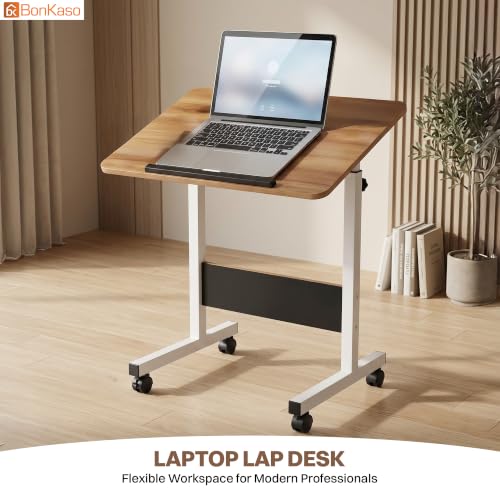 Image of Bonkaso Adjustable Laptop Lap Desk for Bed & Sofa, Height Adjustable Study Table with Tilt Desktop, Wheels, Steel Frame & Spacious Wooden Top for Work from Home, Reading & Office - Brown /White