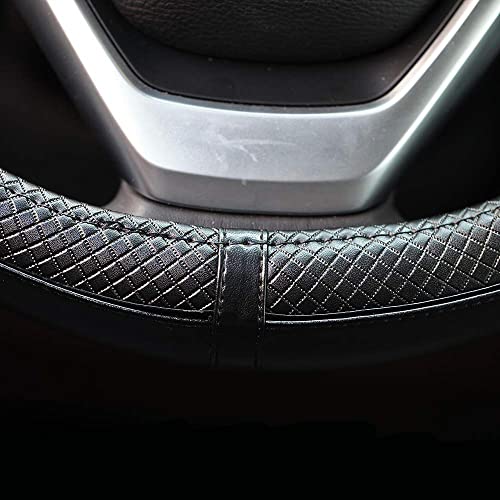 Valleycomfy Universal 15-Inch Genuine Leather Steering Wheel Cover - Breathable, Anti-Slip, Odor-Free (Black with Black Lines)