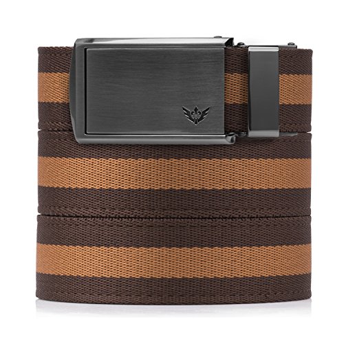 SlideBelts Men's Canvas Belt - Brown & Tan with Winged Gunmetal Buckle