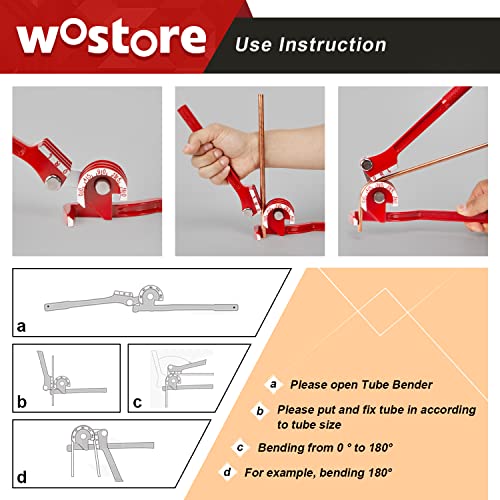 Image of Wostore 180 Degree Tubing Bender, 3-in-1 for 1 /4 inch 5 /16 inch 3 /8 inch OD, Machined Steel 0-180 Pipe Bender with Non-Slip Grip for Copper Aluminum Brass Thin Stainless Steel, HVAC Plumbing DIY Red