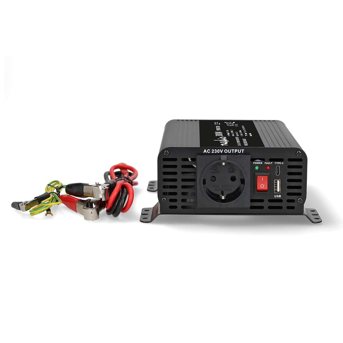 Nedis PIP30012FBK - Inverter di corrente - Onda sinusoidale pura - 300 W continui - 600 W di picco - 12 V DC a 230 V AC - 50 Hz - Tipo F/USB-A/USB-C - Morsetti a vite - Nero