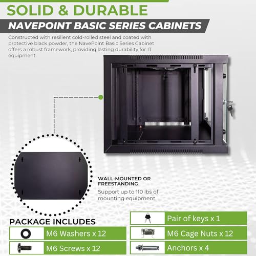 Image of NavePoint 6U Wall Mount Network Cabinet for 19 inch IT Equipment with Lockable Glass Door & Removable Side Panels, 2 Fans, 17.7 inch Deep, Pre-Assembled