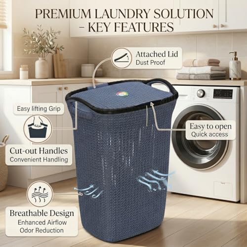 Image of Plastic Laundry Basket with Lid | 60L Extra Large Knit Hamper | Strong & Durable | Ideal for Bathroom, Bedroom & Kids Room | Multipurpose Cloth Storage Organiser | 36 x 46 x 61 cm | Mist Blue