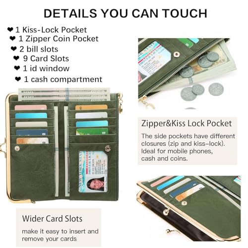 Image of Vintage Wallets for Women Large Bifold Kiss Lock Wallet for Women Leather Zip Clutch Coin Purse