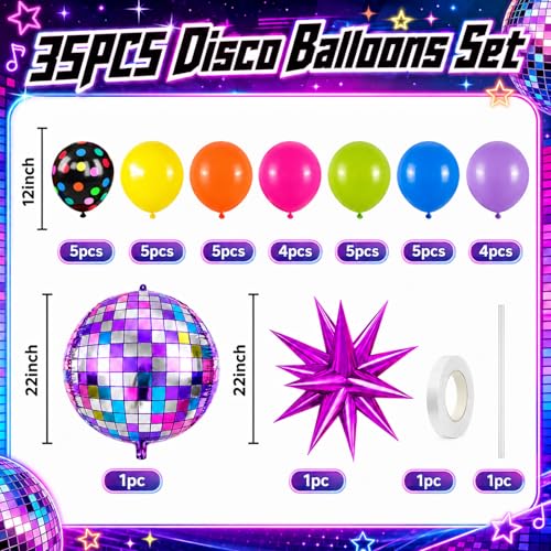 Image of Neon Balloons, 12Inch Disco Rainbow Balloons, Hot Pink Blue Green Orange Purple Colorful Dot Latex Balloon with Star and Disco Ball Foil Balloon for Retro 80s 90s Music Rock Theme Birthday Party Decor