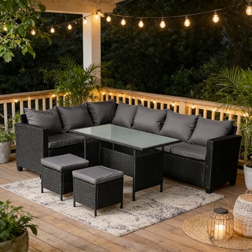 Panana 8 Seater Rattan Garden Furniture Corner Dining Set, Outdoor Sofa Set with Dining Table, 2 Stools, Cushions, Free Cover for Patio & Conservatory (Black Wicker with Grey Cushions)