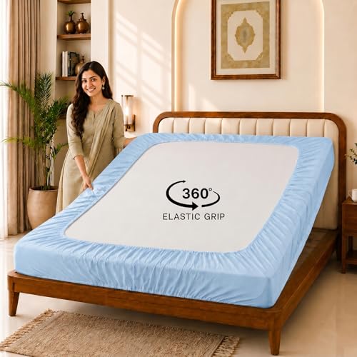 Image of Glassiano Cotton Feel Terry Ultra Soft Waterproof Mattress Protector | Breathable - Hypoallergenic Mattresses Cover with Elastic Strap for Queen Bed (84x66 inch|7x5.5 feet, Blue - Pack of 1)