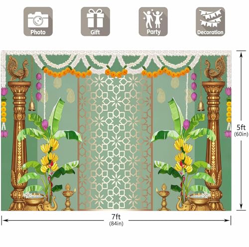 Image of India Pooja Backdrop Decorations, Traditional Banana Leaf Marigold Garland Photography Background for India Wedding, Haldi, Mehendi, Diwali, Housewarming, Festival Decoration Wall Decor Props 7X5FT