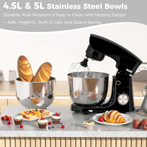 YASHE Stand Mixer, 4.5+5L 1500W Food Mixer for Baking, 10+P Speed Tilt-Head Cake Mixer with Dough Hook, Beater & Whisk, Dishwasher Safe - Image 2