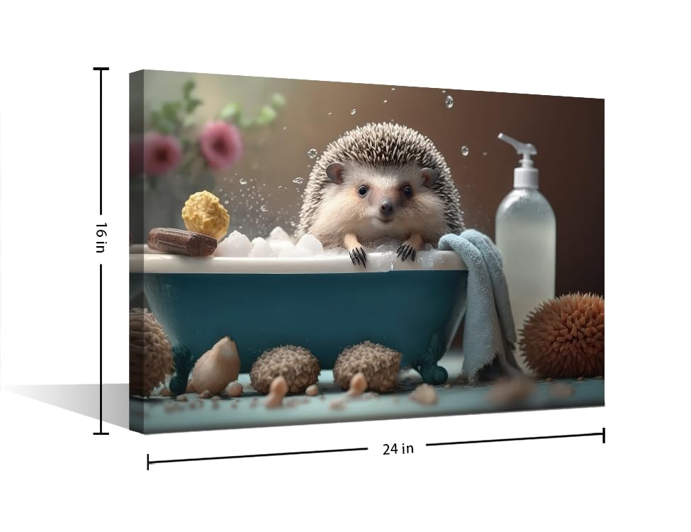 Bathtub Animal Canvas Paintings Bedroom Canvas Wall Art Hedgehog Took a Bath in the Bathtub Wall Art for Bathroom Boho Canvas Pictures Artwork Posters & Prints Framed Ready to Hang (16"Wx24"H) - Image 2