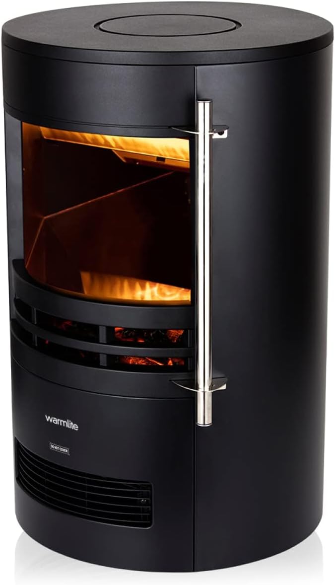 WL46022 Elmswell Round Contemporary Stove with Two Heat Settings, Realistic LED Flame Effect, 2000W, Black