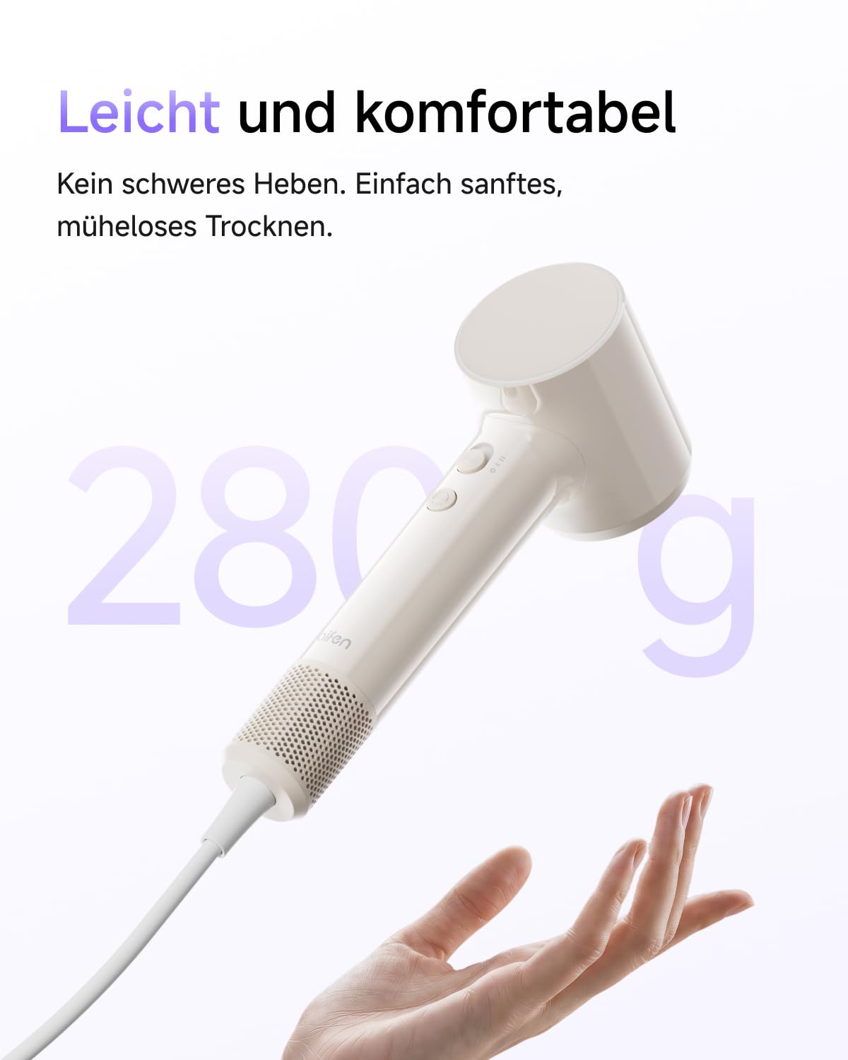 Laifen Air Haartrockner, ultra-leichter Föhn 280 g mit 200 Millionen Negativ-Ionen, schnelles Trocknen in 3 Min., 60 dB flüsterleise mit Kindermodus & Glättungsdüse, ideal für Reisen (Milchtee-Beige)