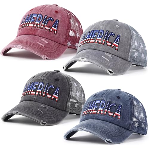 Image of Jeyiour 4 Pcs 4th of July America Baseball Cap Patriotic Flag Baseball Hat Adjustable Cotton Red White Blue Independence Day 250th Anniversary Outfits for Men Women USA
