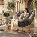 FLEXISPOT Rocking Chair Indoor Outdoor, Oversized Papasan Chair with Thick Cushion, Reclining Lounge Armchair, Metal Frame & Wooden Base, Accent Rocker for Patio Garden Balcony Living Room