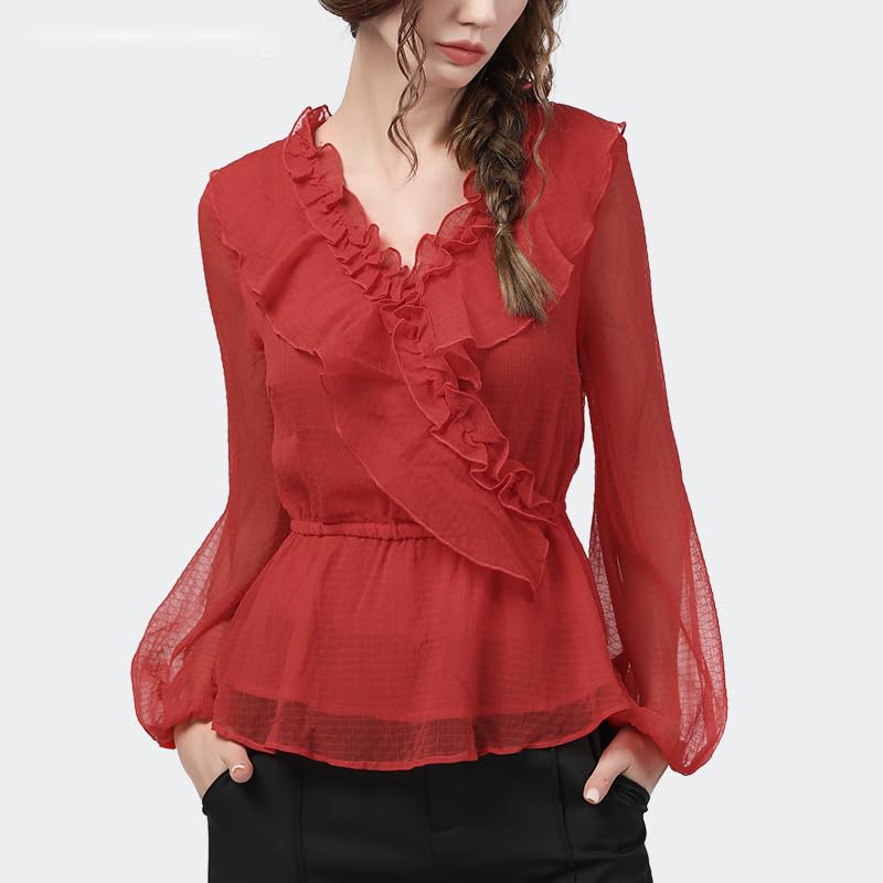 Blusas de Gasa Rojas de Manga Larga, Blusas elásticas de Cintura Alta con Volantes y Cuello en V con Mangas Acampanadas para Mujer, Blusas Ajustadas para Primavera y Verano (Rojo S)